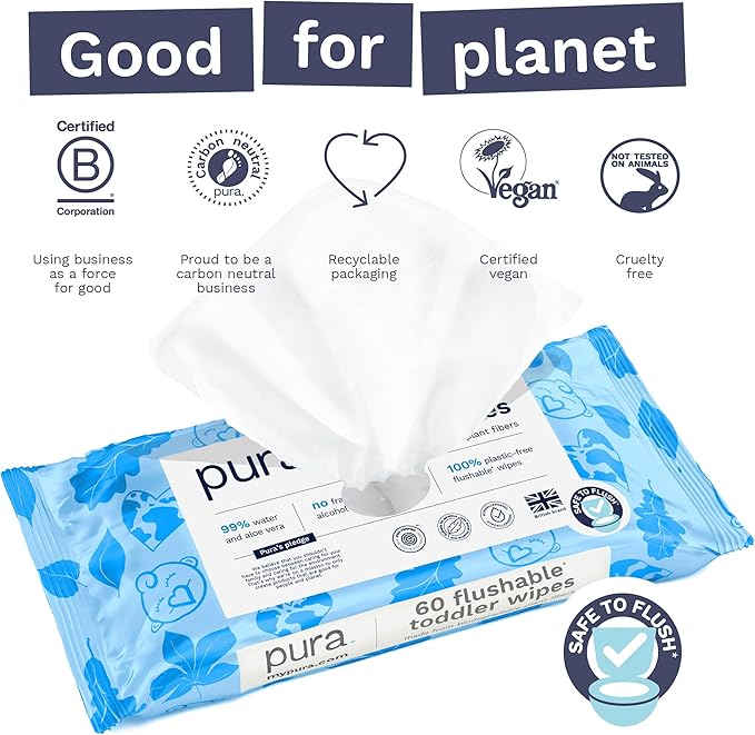 Pura Flushable Toddler Wipes 1 x 60 Wipes, 100% Plastic Free, 99% Water, Hypoallergenic & Fragrance Free, Totally Chlorine Free, Kids Toilet Wipes, Sensitive Skin
