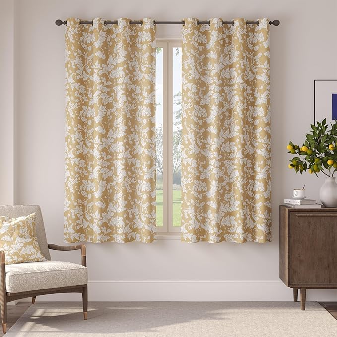 jinchan 75% Blackout Curtains for Bedroom, Brown Scroll Leaf Patterned Curtains 63 inch Length for Living Room, Farmhouse Vintage Drapes, Thermal Insulated Window Treatments, Grommet 2 Panels Brown