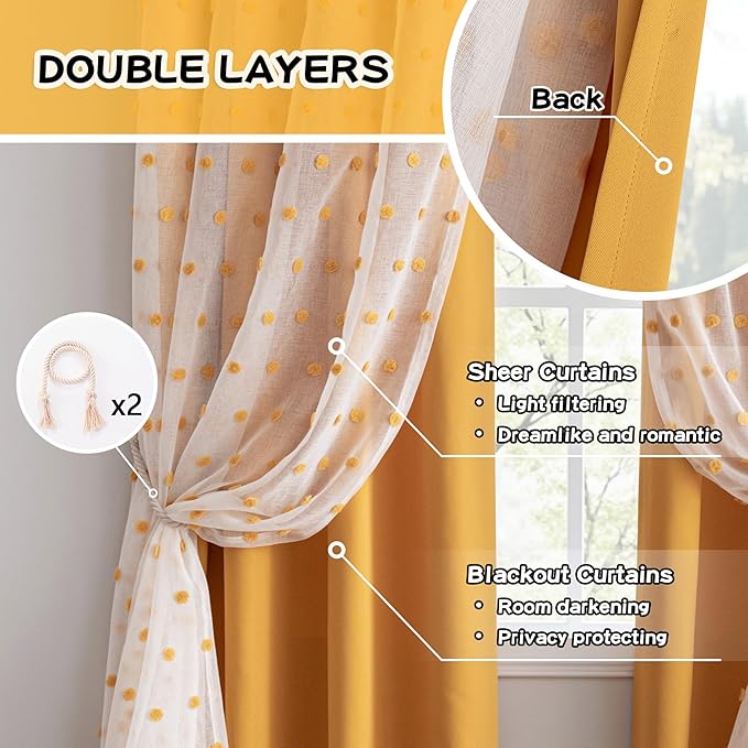 MYSKY HOME Yellow Pom Pom Sheer and Curtains for Bedroom 72 Inches Long Nursery Curtains for Kids Room 2 Layered Blackout Closet Door Drapes Grommet Room Darkening Window Panels 52 x 72 in, 2 Panels