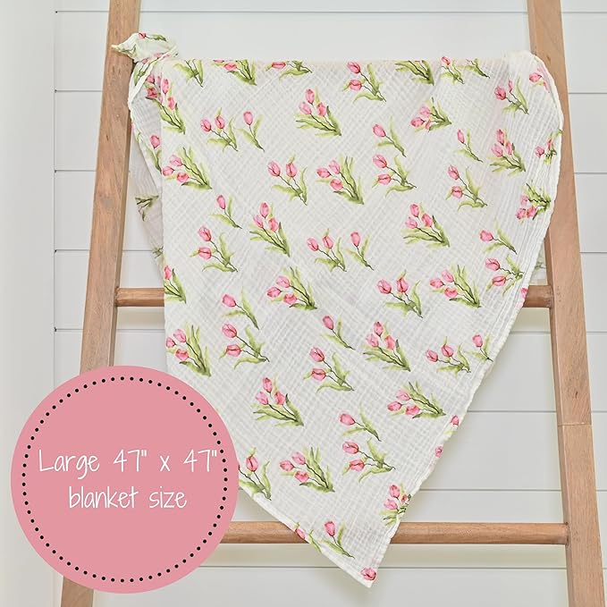 LollyBanks Muslin Swaddle Blankets 2PACK, 100% Cotton Baby Blanket 47 x 47 Inches, Large Baby Swaddle Breathable, Muslin Blankets for Girls (Hydrangea and Tulip Print)