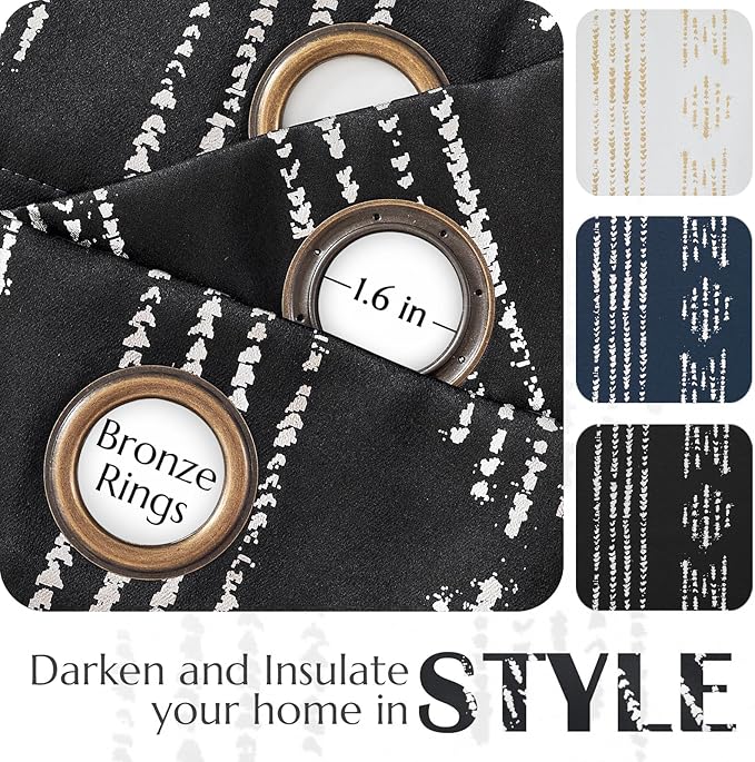 jinchan 95% Blackout Boho Curtains 84 Inches Long for Bedroom Living Room Silver Geometric Foil Printed Black Curtain Grommet Top Room Darkening Drapes Off White 52 x 84 2 Panels