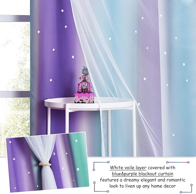 NICETOWN Nursery Blackout Curtains - Thermal Insulated 84 inches Long Girls Bedroom Drapes Ombre Rainbow Star Hollow-Out Curtains for Nursery, 2 Panels, Teal & Purple, 42" Wide per Panel