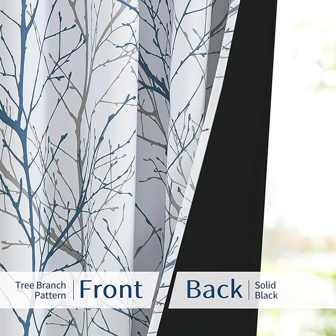 FMFUNCTEX 100% Blackout Patio Sliding Glass Door Curtains 84 Inch Long for Bedroom, Blue Grey on White Tree Branch Patterned Drapes for Living Room Divider, Extra Wide Thermal Insulated Panels