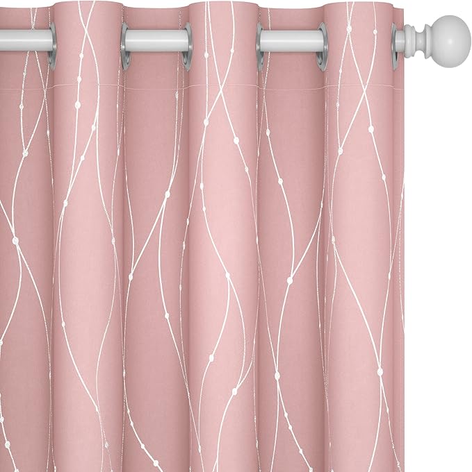 Deconovo Pink Curtains, Blackout Drapes, Thermal Insulated Soundproof Curtain, Silver Wave Dots Print, 52 x 72 Inch Long, Machine Washable Window Panels for Girls Bedroom Living Room Nursery, Set of 2