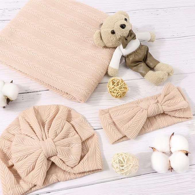 DRESHOW BQUBO Baby Swaddle Blankets for Girls, 4PCS Newborn Accessories Set with Hat and Bow Headband with Hello World Wooden Birth Announcement Card, Baby Blankets for Girls