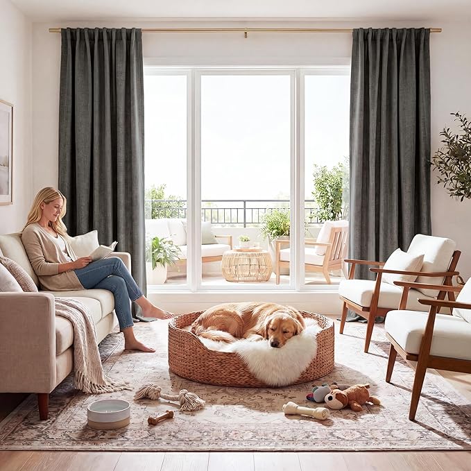RYB HOME Grey Linen 100% Blackout Curtains for Bedroom 120 inch Long 52 inch Width, Extra Long Drapes Thermal Insulated&Privacy Assurd for Sliding Glass Doors/Dining, Back Tab&Rod Pocket, 2 Panels