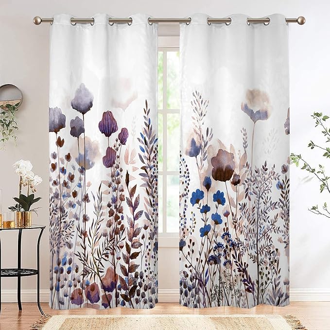 Renaiss Wild Flowers Blackout Curtains, Pastel Botanical Floral Print Thermal Insulated Bedroom Window Curtains, Nature Plants Window Curtains for Kitchen, 45" L x 29" W 2 Panel Set