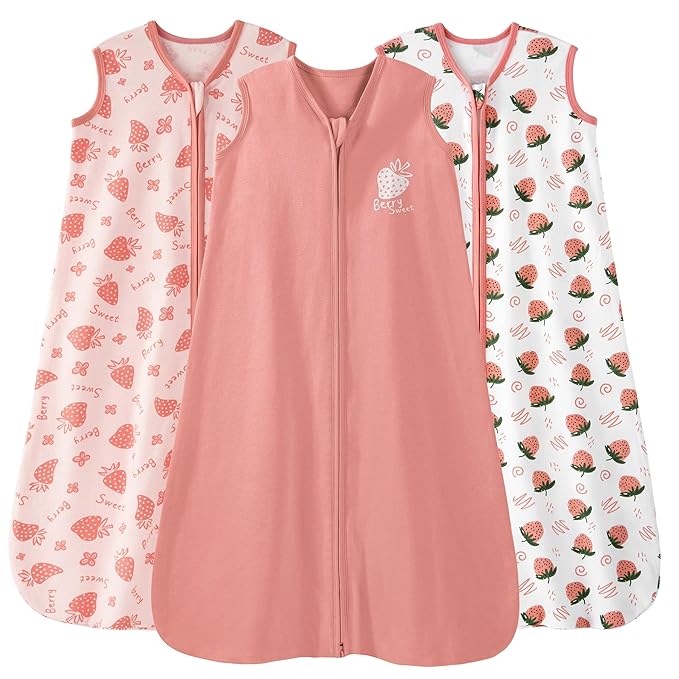 Unnivoll Baby Sleep Sack 18-24 Months 0.5 Tog Wearable Blanket Baby, 3 Pack 100% Cotton Lightweight Sleeping Sack with 2-Way Zipper for Infant Toddler Strawberry