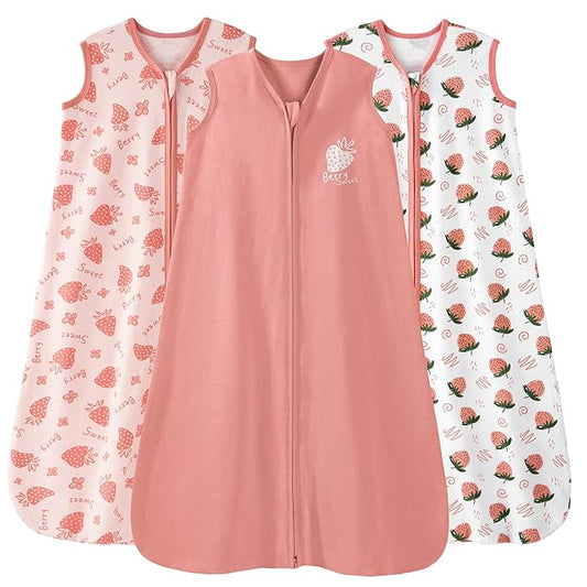 Unnivoll Baby Sleep Sack 6-12 Months 0.5 Tog Wearable Blanket Baby, 3 Pack 100% Cotton Lightweight Sleeping Sack with 2-Way Zipper for Newborn Infant Strawberry