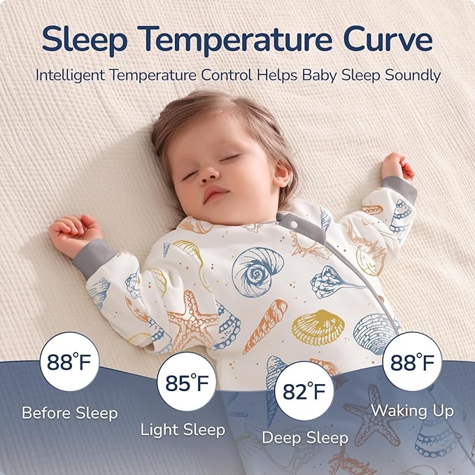 Baby Sleep Sack 3–6 Months, Cotton Sleep Sack with Detachable Long Sleeves, 1.0 TOG Wearable Blanket for Cooler Nights, 2-Way Zipper Toddler Sleeping Sack with Temperature Strip, Ocean