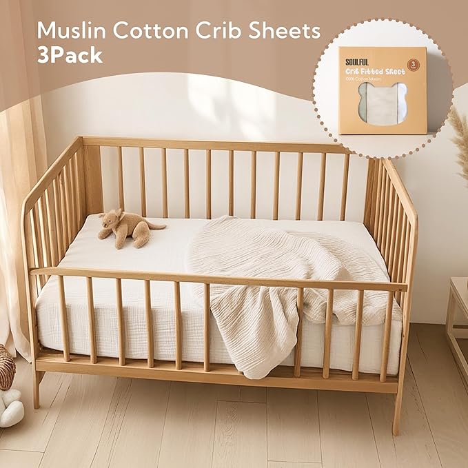 SOULFUL Muslin Crib Sheets for Boys Girls, 3 Pack Soft and Breathable Cotton Fitted Crib Sheets for Standard Crib Mattress (28"x 52", White & Beige & Mist Sage)