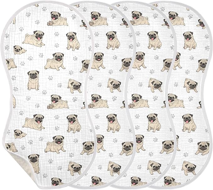 Qinllo 4 Pack Muslin Burp Cloths Pugs Dog Paw White Cotton Baby Burp Cloths Extra Absorbent and Soft Burping Cloth for Newborn Boys Girls 22x11 Inch