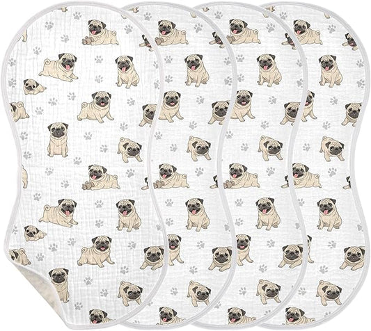 Qinllo 4 Pack Muslin Burp Cloths Pugs Dog Paw White Cotton Baby Burp Cloths Extra Absorbent and Soft Burping Cloth for Newborn Boys Girls 22x11 Inch