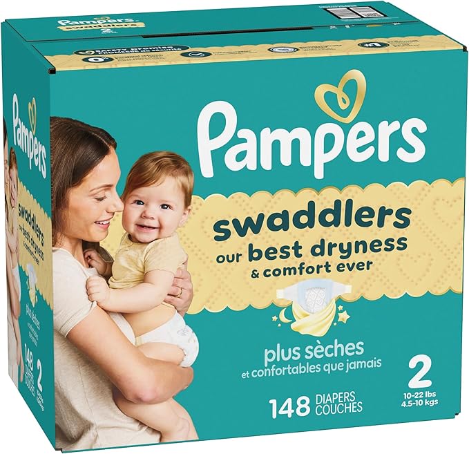 Pampers Swaddlers Diapers, Size 2 (10-22 lbs), 148 Count, Absorbent, Keeps Baby Dry and Comfortable, Skin Safe Disposable Baby Diaper