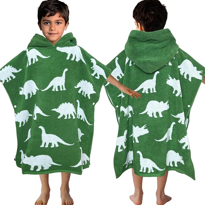 VOOVA & MOVAS Kids Poncho Towels with Hood (4-8Years,28"x28"),Soft Cotton Thick Absorbent Towel Robe for Toddler Boys,Perfect for Bathroom | Pool | Beach | Swimming, Jacquard Green Dinosaur