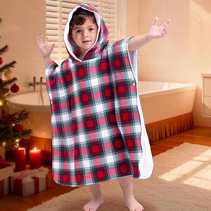 VOOVA & MOVAS Double-Layered Baby Hooded Towel Poncho (2-4 Years, 20x21 Inches) | Ultra Soft & Absorbent Cotton | Thick Toddler Bath Towel for Swimming, Beach, Shower & Winter,Red Bufflo