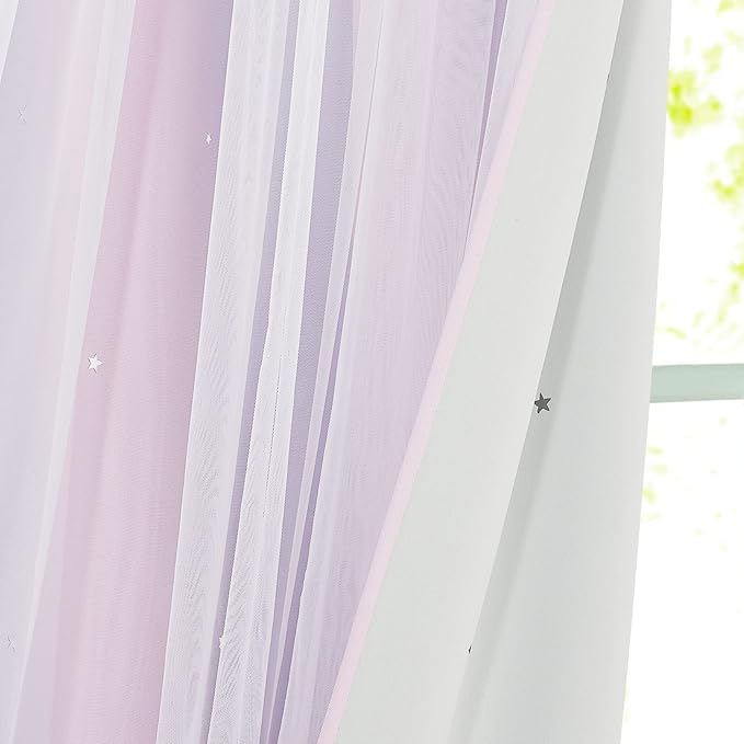 NICETOWN Nursery Room Darkening Rainbow Curtains for Bedroom Hollow-Out Star Window Drapes Curtain 84 inches Length for Living Room (Pink Purple, W52 X L84, 1 Pair)