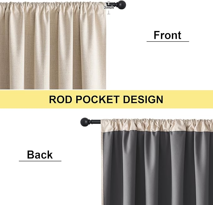NICETOWN Cream Linen 100% Blackout Curtains, 2 Panels Set, 52 x 96 Inches, Rod Pocket Style, Thermal Insulated Room Darkening Drapes for Bedroom, Living Room, Nursery, Modern Farmhouse Decor