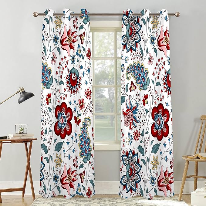 Renaiss Boho Floral Blackout Curtains, Bohemian Flower Plant Print Thermal Insulated Bedroom Window Curtains, Botanical Art Window Curtains for Kitchen, 45" L x 29" W 2 Panel Set
