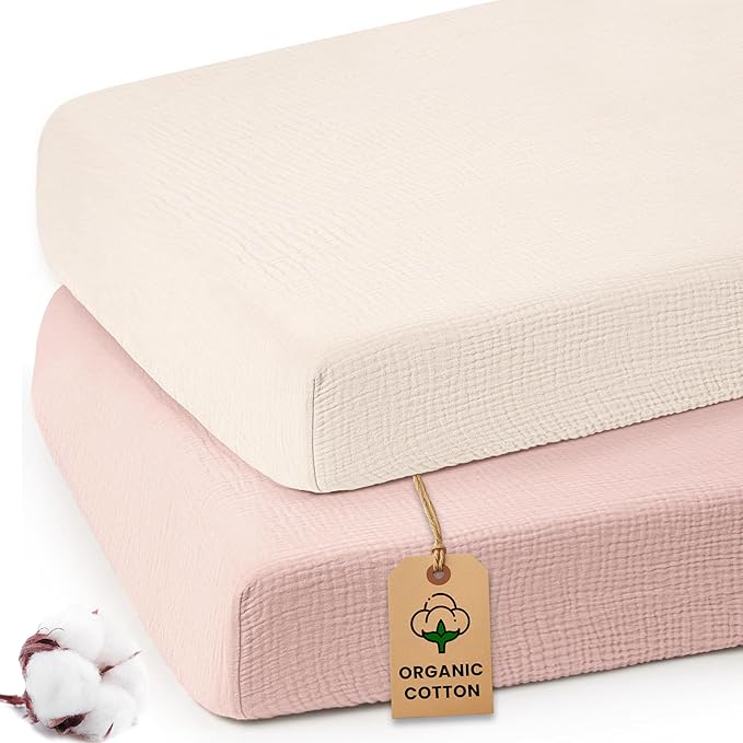 100% Organic Cotton Muslin Crib Sheets (Set of 2) – Soft & Breathable Fitted Sheets for Boys and Girls, Neutral Colors – Fits Standard Baby Crib Mattress (28 x 52 Inches) (Peach/Ivory)