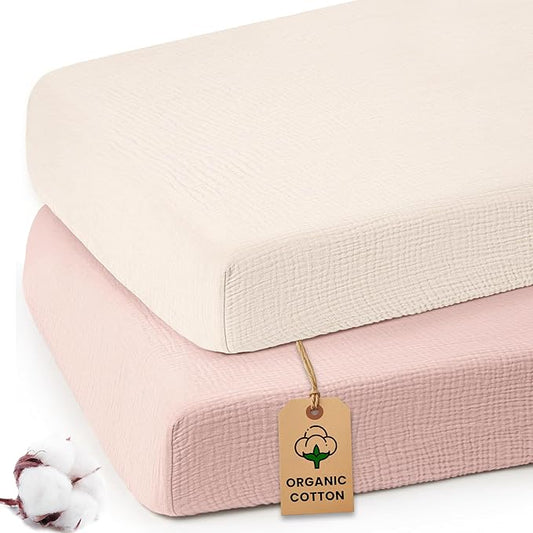 100% Organic Cotton Muslin Crib Sheets (Set of 2) – Soft & Breathable Fitted Sheets for Boys and Girls, Neutral Colors – Fits Standard Baby Crib Mattress (28 x 52 Inches) (Peach/Ivory)