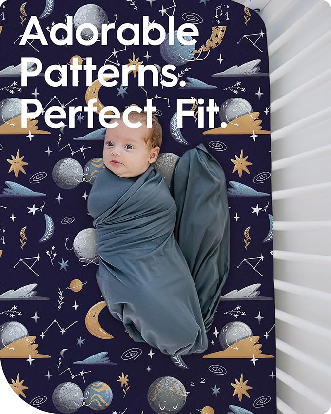 TOTBASIC Crib Sheet for Boy Girl, Premium Soft Jersey Knit Fitted Crib Sheet, Safe and Snug, Durable, Stylish Crib Sheet, 28''x52''x9'' Extra Deep Pocket, Night Space
