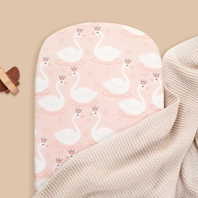 TILLYOU Baby Bassinet Sheets for Girls Boys 2 Pack Baby Sheets for Square Rectangle Oval Bassinet Mattress 33X16 Inch, Swan Dance and Pink