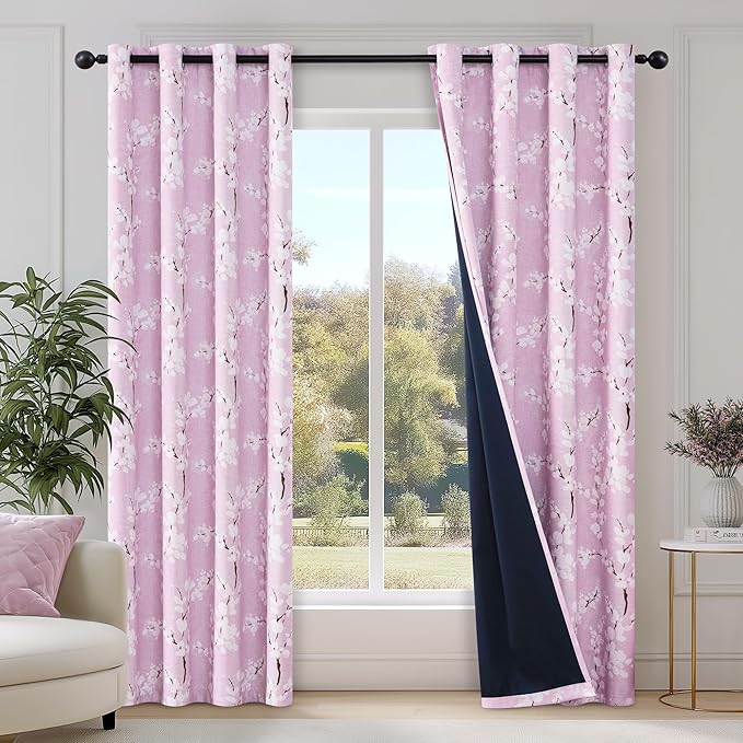 FMFUNCTEX 100% Blackout Floral Curtains for Bedroom, Pink Curtains 84 inch Length Blossom Flower Patterned for Living Room, Thermal Insulated Nursery Drapes, Grommet Top 2 Panels (White on Pink)