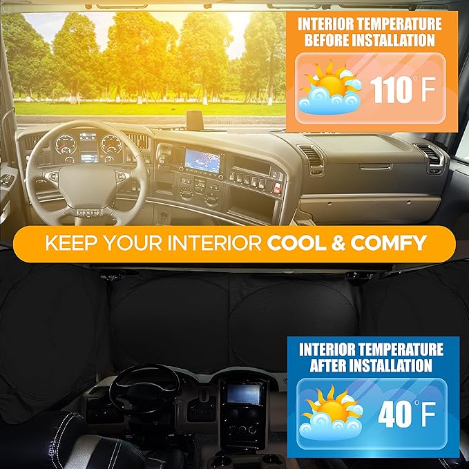 EcoNour Windshield Sun Shade for Semi Truck Windshield | Large Coverage Foldable Front Window Sunshade | Heavy Duty UV & Heat Reflective Sun Visor