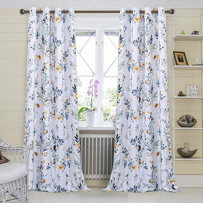 MYSKY HOME Floral Curtains 90 inch Long Living Room Curtains Room Darkening Curtains Thermal Insulated Light Blocking Drapes Grommet for Bedroom Bathroom, 2 Panels, Yellow and Blue