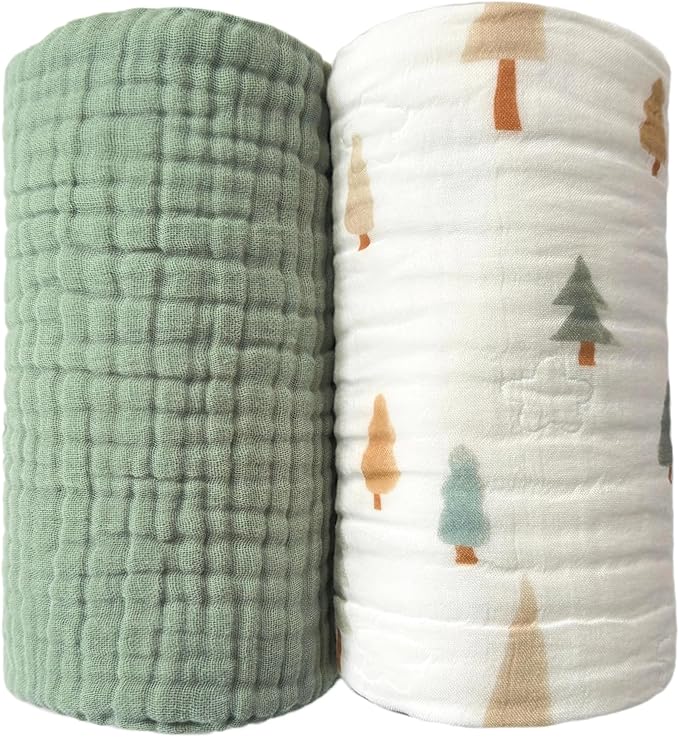 Pack of 2 Ultra Soft Cotton Muslin Baby Blanket Breathable Muslin Swaddle Blankets for Babies and Toddlers Boys Girls Newborn 43"X43" (Christmas Tree and Green)
