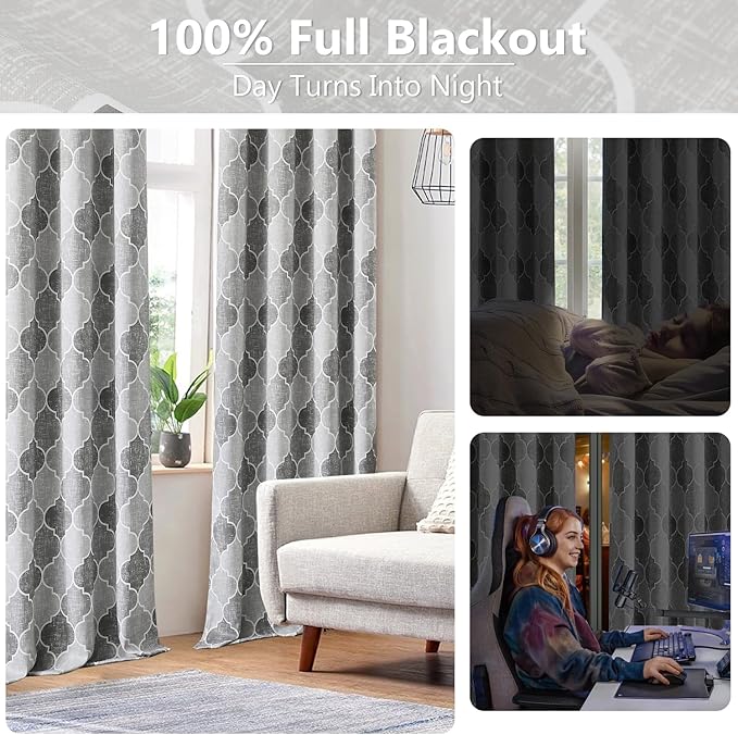 Geometric Curtains for Bedroom Gray Trellis Moroccan Pattern Drapes Full Blackout 90 Inch Length Room Darkening Thermal Insulated Noise Reducing Window Treatments Sets, 2 Panels