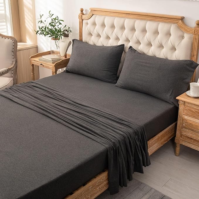 PURE ERA Jersey Knit 3pcs Bed Sheet Set 100% T-Shirt Heather Cotton Super Soft Comfy Breathable Fits Mattress Up to 20" Extra Deep Pocket (Charcoal Dark Grey,Twin XL)