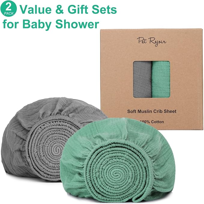 PET REJOIR 2 Pack Muslin Fitted Crib Sheets for Baby Girls & Boys-Neutral Breathable Crib Mattress Protector for Standard Crib Mattress (28"x 52") -Soft No Slip Toddler Cotton Bedding-Green & Grey