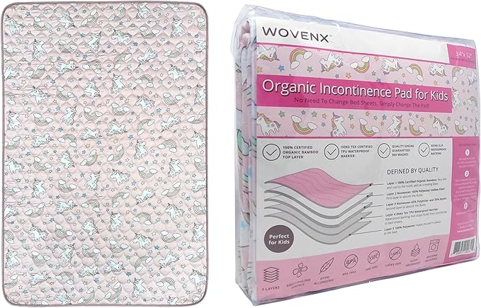 WOVENX Organic Incontinence Pads for Kids & Toddlers - 5 Layer Waterproof Protectors for Overnight Bed Wetting - Reusable & Washable Pee Pads - Fits Twin to Full Size Beds - 34" x 52" Unicorn