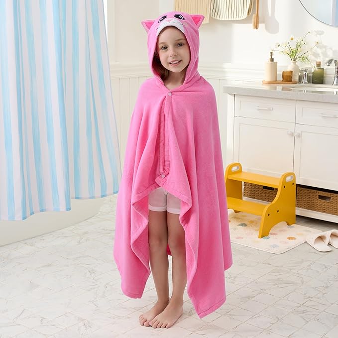 Joiedomi Hooded Towel for Kids Soft 100% Cotton Bath Beach Towel 30" x 50" for Kids 3-10 Years Toddler Pool Poncho with Hood Absorbent Swim Wrap for Boys Girls Pink Cat
