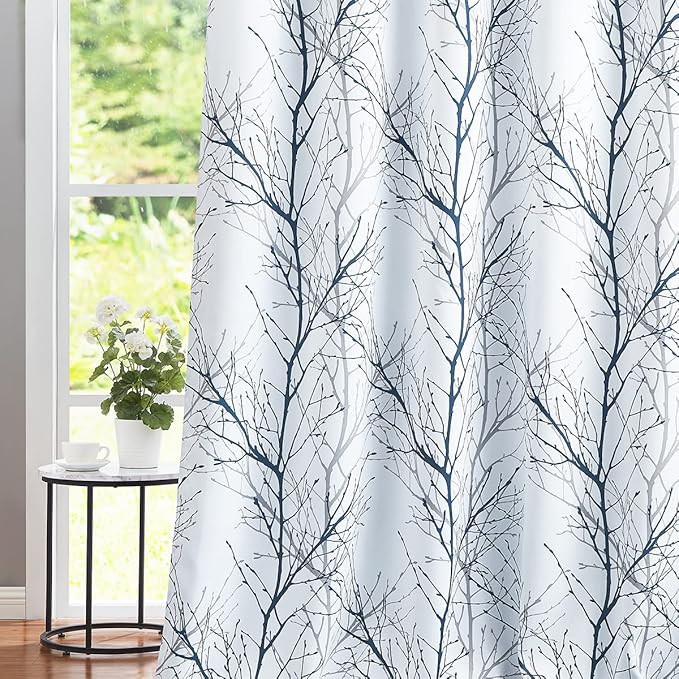 FMFUNCTEX 100% Blackout Curtains for Living Room Bedroom, Curtains 96 Inches Long Blue Grey Tree Branch Print Window Curtain Drapes, Thermal Insulated Farmhouse Curtains, Grommet Top 2 Panels