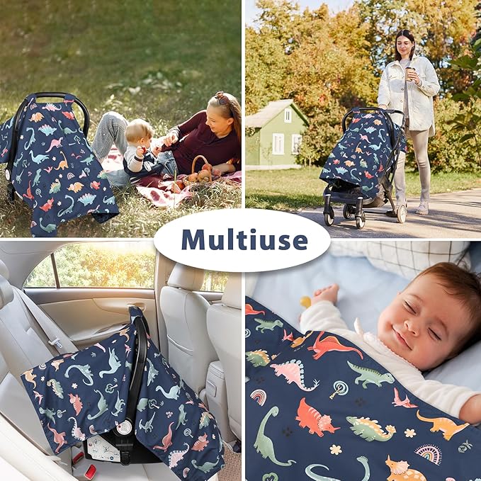 Car Seat Cover Baby, Peekaboo Opening Carseat Covers Baby Girl, Warm Minky Infant Car Seat Canopy, Multi-Use Cover Protecting Baby from Wind, Sun, Strangers, Blue Dinosaur