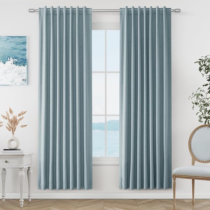 Guken Blue 100% Blackout Curtains 80 Inch Length 2 Panels Set for Living Room Bedroom Back Tab Thermal Insulated Black Out Linen Drapes Room Darkening Window Curtains 80 Inches Long Dusty Blue