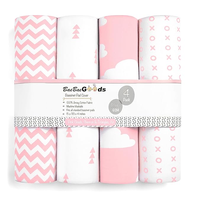 BaeBae Goods Premium Bassinet Fitted Sheet Set - 4 Pack 100% Jersey Knit - Standard Size Oval or Halo Bassinet Pads - Pink Floral