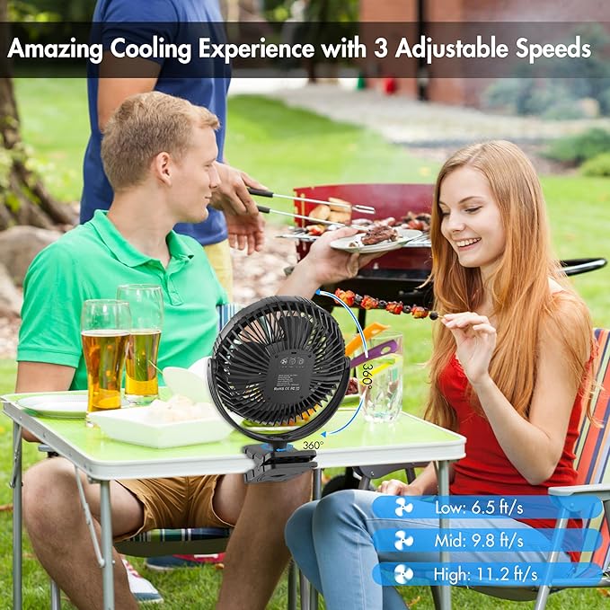 Camping Rechargeable Fan, Battery Operated with Timer, Powerful Airflow Portable Fan, Strong Clip Fan with Light & Hook for Tent Outdoor Travel BBQ Hurricane Power Outage