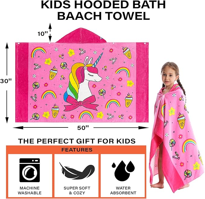 Kids Bath Towels, Kids Towel Girls Boys Hooded Beach,Bathroom,Pool Swim Towels 30 × 50 INCH Large Size Ultra Absorbent Cute Cartoon Animal Full Vitality 100% Cotton Wearable Wrap for Child