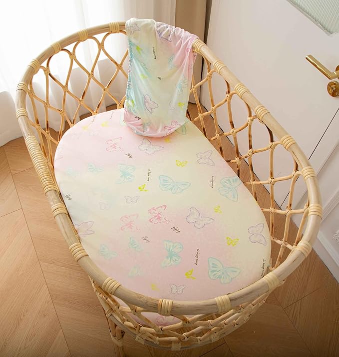 Jersey Butterfly Bassinet Sheets for Baby Girls,32 "x 16 "x 4", 2 Pack,Pink Cute Kawaii Standard Oval/Retangle Fitted Bassinet Sheets for Toddler,Super Soft Breathable