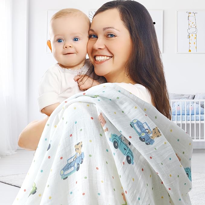 2-Pack 100% Cotton Muslin Swaddle Blankets, Large 47 x 47 Inches — Breathable Soft Receiving Blankets for Newborns, Swaddling Wraps, Baby Essentials, Registry Gift (Little Car Duo)