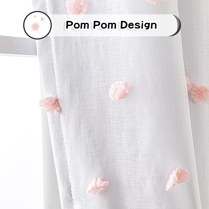 MYSKY HOME 100% Blackout Curtains for Nursery Thermal Insulated Pink Pom Pom Curtains 72 Inch Length for Girls Bedroom 2 Panels Grommet White Sheer Curtains for Dining Room Door, 52W x 72L