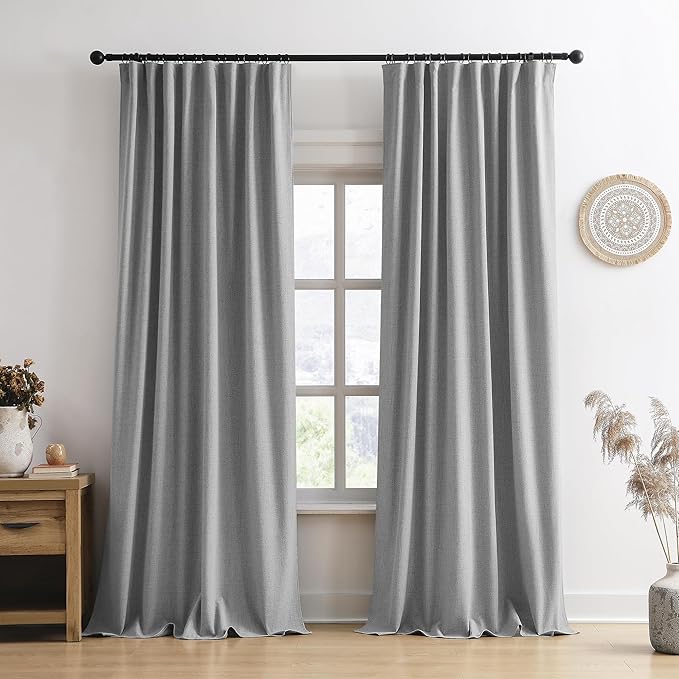 RAIN CITY Grey Blackout Curtains&Drapes 100 Inch Long, Back Tab Pinch Pleated Look Draperies with Hooks Thermal Curtains for High Living Room Sliding Door 50 Wide Set of 2