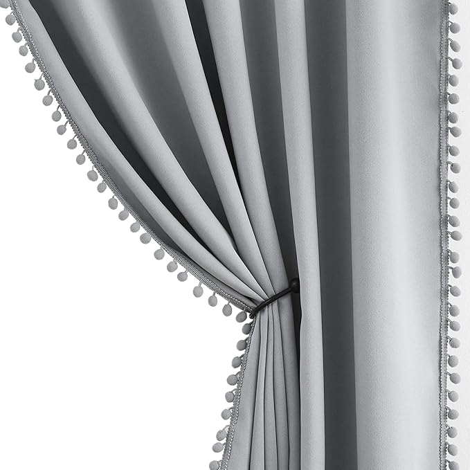 Treatmentex Pompom Full Blackout Curtains Grey Window Curtains for Basement 54 inches Thermal Insulated Room Darkening Curtain Drapes for Nursery 2 Panels