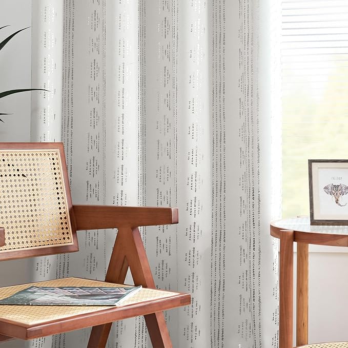 jinchan 95% Blackout Boho Curtains 90 Inches Long for Bedroom Living Room Silver Geometric Foil Printed Curtain Grommet Top Room Darkening Drapes Off White 52 x 90 2 Panels