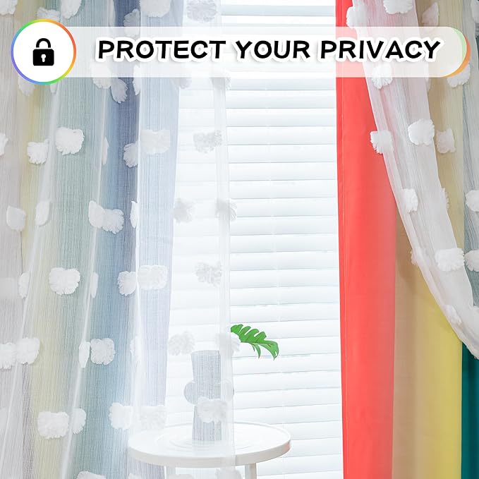 MYSKY HOME 95 Inch Long Rainbow Curtains for Girls Bedroom & Living Room - Double Layer Ombre, White Pom Pom, Blackout Sheer, Room Darkening Grommet Window Panels (2 Pieces, 52 x 95 in)
