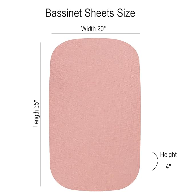 Onacosht Muslin Bassinet Sheets 3 Pack, 100% Cotton Baby Sheet 35" X 20" Compatiable with AMKE 3 in 1 Bassinets, MiClassic, Uiuwoo, Foalom, YADAQE, Milliard and TCBunny Bassinet, Pink and Feather
